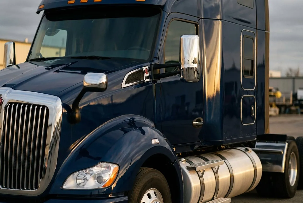 The front corner of a dark blue semi truck tractor unit with unlettered paintwork.