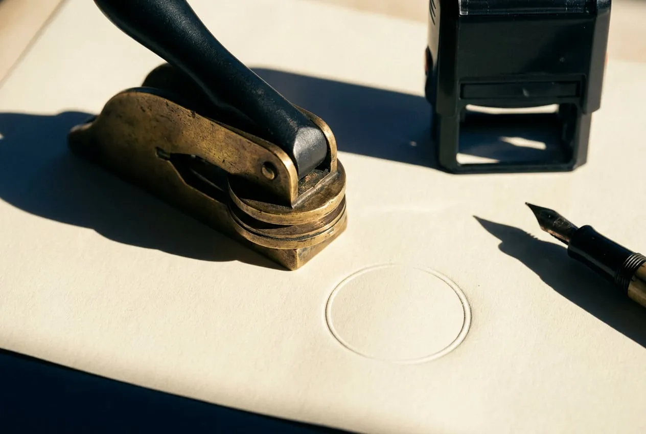 A brass embossing seal beside the blank circular impression it left in a sheet of paper.