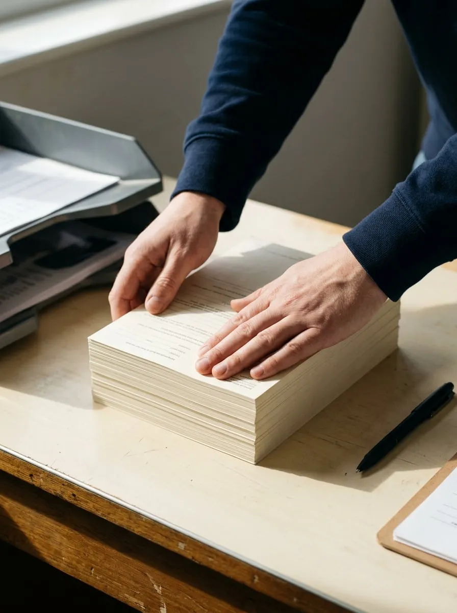 Hands squaring up a stack of blank paper forms on a desk beside a document tray.
